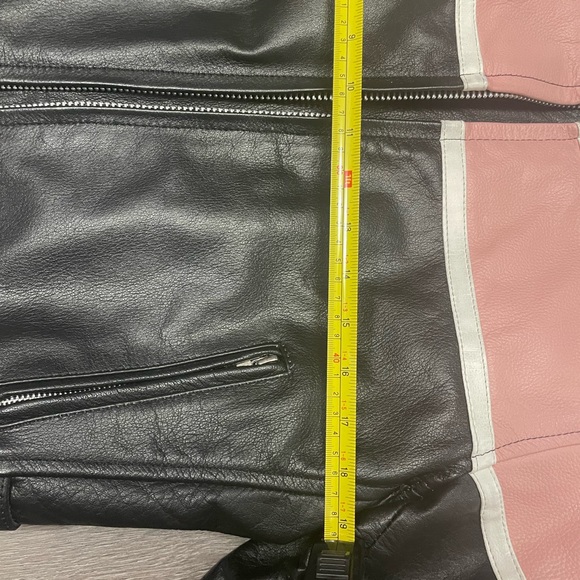 Black & pink 100% leather moto jacket with side zips removable quilted liner XL - Picture 10 of 12